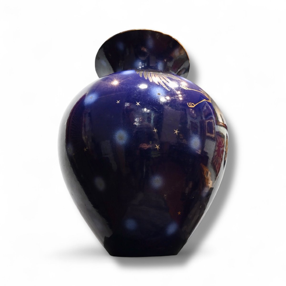 R. SCUOLA D’ARTE GROTTAGLIE - Grande Vaso In Ceramica Blu e Dettagli Dorati - Italia Anni 30-photo-3